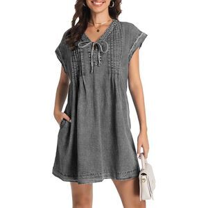 Denim V Neck Shorts Sleeves Tie Front Ruffle Dress with Pockets, XL, 4N-149D008